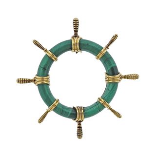 French 1970s Malachite 18k Gold Ships Wheel Pendant