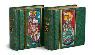   Bilderbibel des Alten und Neuen Testaments. 2 Bde. Leipzig, Miniaturbuchverlag, 2005. Minibuch 64° Grüne Ledereinbände mit 4 Originalzeichnungen auf