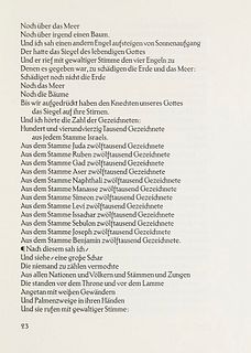   Apokalypse (graece). Das ist Offenbarung des Johannes. In der Kunstform der griechischen Urschrift übertragen von Roman Woerner. München, Beck, 1923