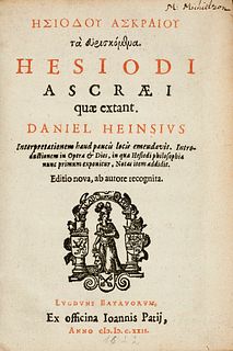 Heinsius, Daniel Hesiodi Ascraei quae extant (Hesiodou Askraiou ta heuriskomena). Mit Druckermarke auf Titel, Titel in Rot u. Schwarz u. Holzschnittbu