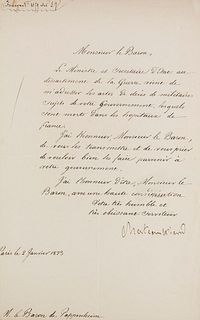 Chateaubriand, François René Vicomte de Eigenhändiger Brief mit Unterschrift an Monsieur le Baron de Pappenheim. Paris, 2. Jan. 1923. 1 S. (Blattmaße 