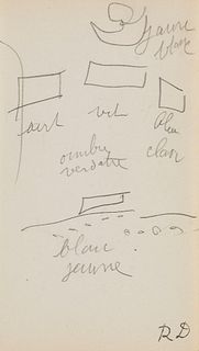 Dufy u.a., Raoul "Zwei eigenhändige Bleistiftskizzen des Malers mit Notizen u. Atelierstempel ""RD"". o.O., o.J. Ca. 8,5 x 8 u. 16 x 9 cm."