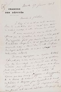 Buisson, Ferdinand Eigenhändiger Brief mit Unterschrift an den Präsidenten der Abgeordnetenkammer. Versailles, 17. Jan. 1913. 2 S. auf 1 Doppelblatt (