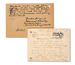 Schultze, Bernard Zwei eigenhändige Postkarten mit Unterschrift an die Hessische Sezession bzw. Arnold Bode. Frankfurt a.M., 18. Aug. u. Dez. 1948.