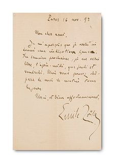 Zola, Emile Eigenhändiger Brief mit Unterschrift des Schriftstellers (1840-1902) an einen Freund. Paris, 16. Nov. 1892. 1 S. auf 1 Doppelblatt (Einzel