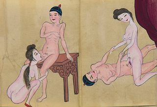   Leporello mit 12 handgemalten erotischen Motiven in Aquarell. China. Späte Qing Dynastie (ca. 1820-1911). Ca. 110 x 12 cm. Umschlag mit beschriftete