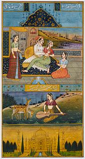   Miniaturmalerei mit zwei figürlichen Szenen und einer Ansicht des Taj-Mahal. Wohl 19. Jh. Feder und Gouache auf Papier, teilweise goldgehöht. Bildma