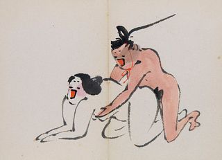   Humoristisches Shunga-Leporello mit 14 handgemalten doppelseitigen erotischen Motiven in Aquarell. Japan. Spätes Meiji (1868-1912). Ca. 310 x 16 cm.