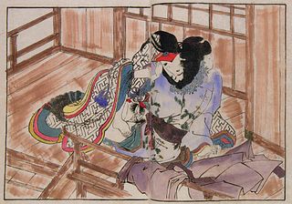 Nach Katsukawa Shuncho Shunga Blockbuch mit 12 großformatigen teils kolorierten und aquarellierten Holzschnitten. Japan. Meiji (1868-1912). Japanische