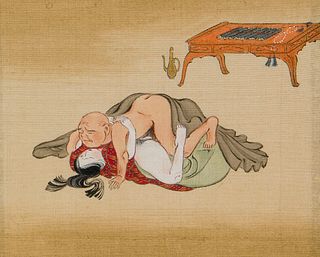   Shunga-Leporello mit 12 prachtvoll ausgeführten farbigen Originalzeichnungen auf Stoff der späten Tosa-Schule und 2 japanischen Tanka-Gedichten in G