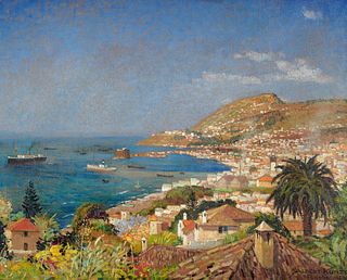 Kunze, Albert Blick über die Bucht von Funchal, Madeira. 1929. Öl auf Leinwand. 40,5 x 50,5 cm. Signiert, datiert und lokalisiert.