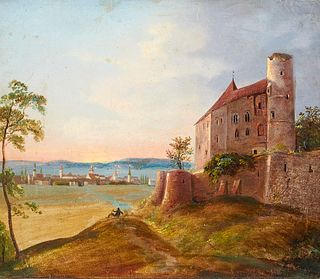   Anonymer Künstler des 19. Jh. Landschaft mit Burg vor untergehender Sonne. Öl auf Leinwand. 26 x 31 cm. In dekorativem Holzrahmen.