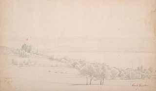 Faustner, Leonhard Ambach am Starnberger See. 1857. Bleistiftstudie auf festem Papier. 24 x 40 cm. In Bleistift monogrammiert, datiert und lokalisiert