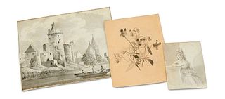   Sammlung von 3 Tuschfederzeichnungen aus dem 19. Jh. Je auf Papier. Blattmaße von 13 x 9,5 cm bis 21 x 25,5 cm.