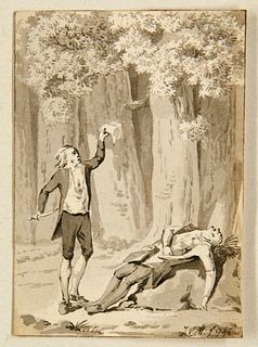 Van Meurs, Jacobus Tod eines Kavaliers. 1794. Lavierte Tuschfederzeichnung. 7,2 x 5,3 cm. Monogrammiert und datiert. - Punktuell auf der Unterlage und