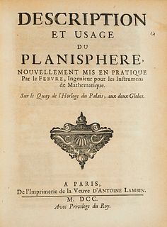 Lefebvre, (Jean) Description et usage du planisphère. Mit Holzschnitt-Vignette auf dem Titel u. 2 Holzschnitt-Vingetten. Paris, widow of Antoine Lambi