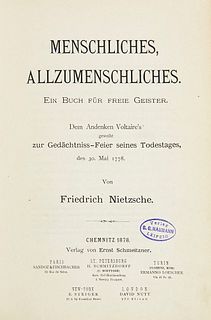 Nietzsche, Friedrich Menschliches, Allzumenschliches. Ein Buch für freie Geister. Dem Andenken Voltaire's geweiht zur Gedächtniss-Feier seines Todesta