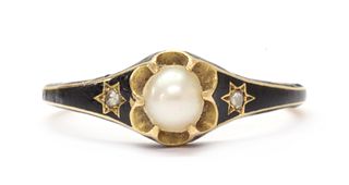 A Victorian gold enamel, split pearl and diamond memorial ring,