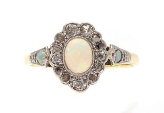 A gold opal and diamond cluster ring,