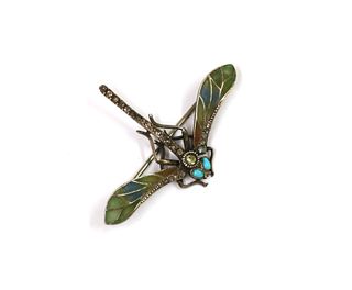 A Continental Art Nouveau silver plique-?-jour enamel, turquoise and paste set dragonfly brooch,