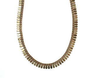 A gold fringe necklace,
