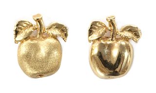 A pair of gold apple pendants,