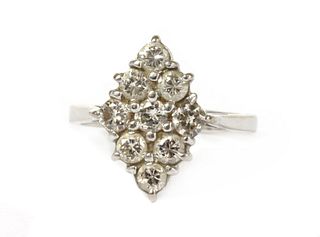 A white gold diamond lozenge shaped cluster ring,