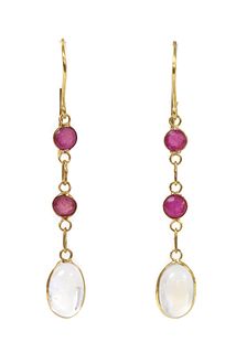 A pair of gold moonstone and ruby drop earrings,