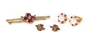 A pair of 18ct gold cultured pearl, diamond and ruby cluster earrings,
