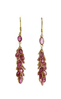 A pair of gold pink sapphire drop earrings,
