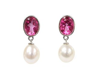 A pair of 9ct white gold pink topaz and cultured freshwater pearl drop earrings,