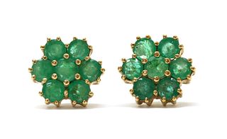 A pair of 9ct gold emerald daisy cluster earrings,