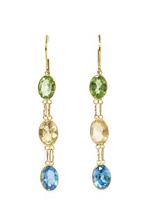 A pair of gold assorted gemstone drop earrings,