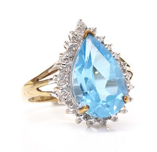 A 9ct gold blue topaz and diamond teardrop ring,