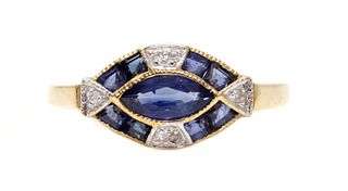 A 9ct gold sapphire and diamond lozenge ring,