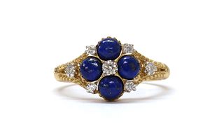 A 9ct gold diamond and lapis lazuli cluster ring,