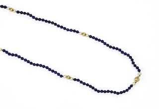 A single row lapis lazuli, cultured pearl and gold bead necklace,