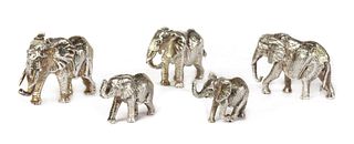 A set of five silver sculptures of elephants, by Patrick Mavros,