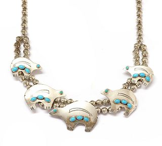 An American Southwest Indian silver and turquoise necklace, by Julius Hoskie,