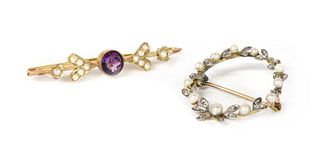 A 9ct gold amethyst and split pearl brooch,