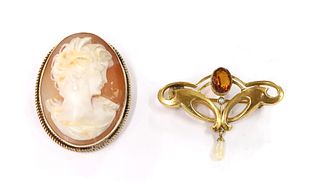 An Art Nouveau gold citrine and pearl brooch,