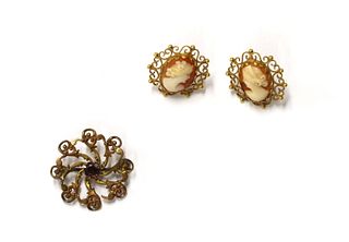 A pair of gold mounted shell cameo earrings,