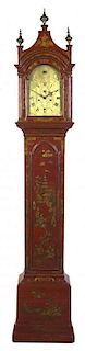 * A George III Chinoiserie Red Lacquered Long Case Clock, 18TH CENTURY, JOHN FLADGATE, LONDON, Height 89 x width 14 1/4 x depth