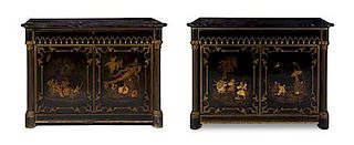* A Pair of Regency Chinoiserie Lacquered Cabinets, Height 39 x width 51 1/2 x depth 21 inches.