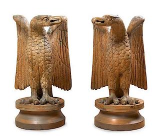 * A Pair of American Carved Limewood Eagle Ornaments, Height 35 1/3 inches.