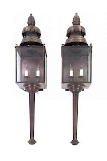 * A Pair of English Style Metal and Glass Lanterns, MCLEAN LIGHTING, Height 41 inches.