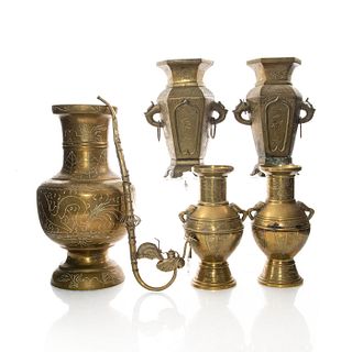 5 Chinese Brass Urns and Smoking Pipe