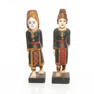 Pair of Thai Carved Wooden Female Figurines