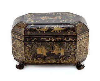 * A Regency Lacquered Tea Caddy, SECOND QUARTER 19TH CENTURY, Width 8 inches.