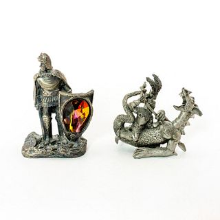 2 pc Vintage Pewter Figurines, Sir Lancelot and Dragon